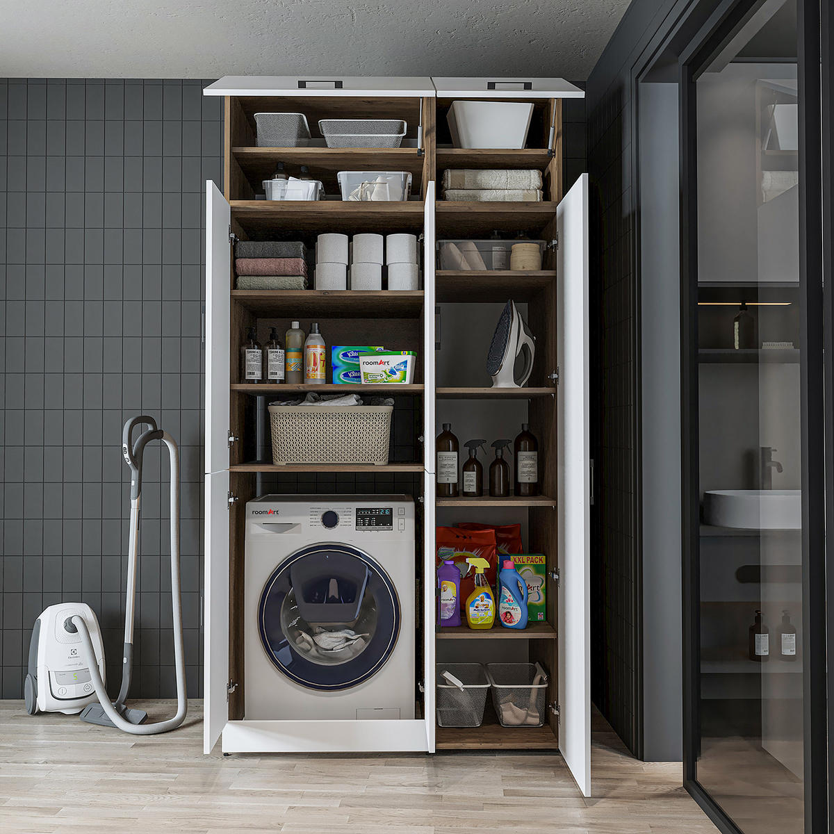 WASCHMASCHINENSCHRANK DORA-II 115cm Breit, 230cm Hoch - Eiche Bianco, Holzwerkstoff (115/230/73.8cm)