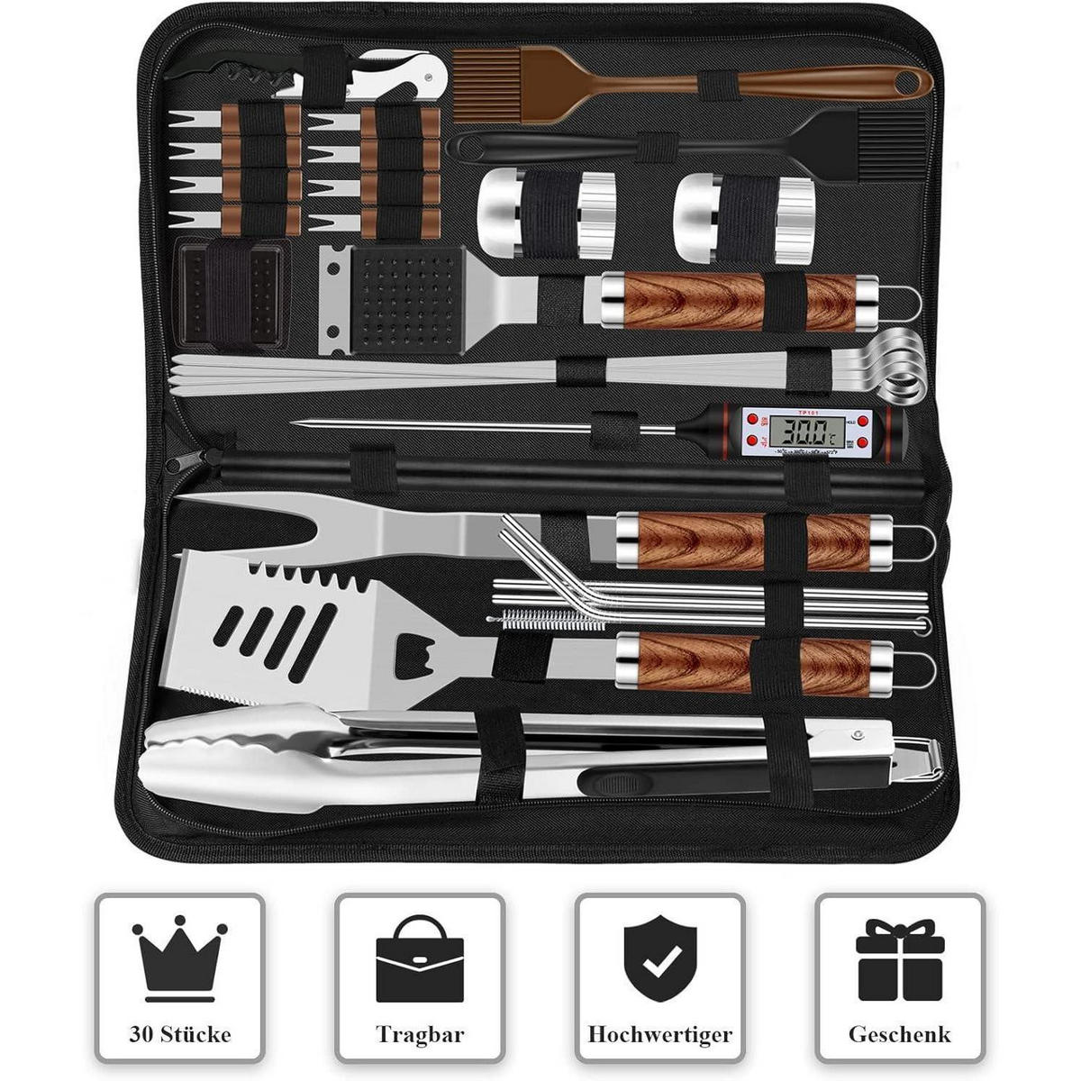 GRILLBESTECK Set 30-teilig Edelstahl mit Grillmatte und Koffer - Braun, Metall (39cm)