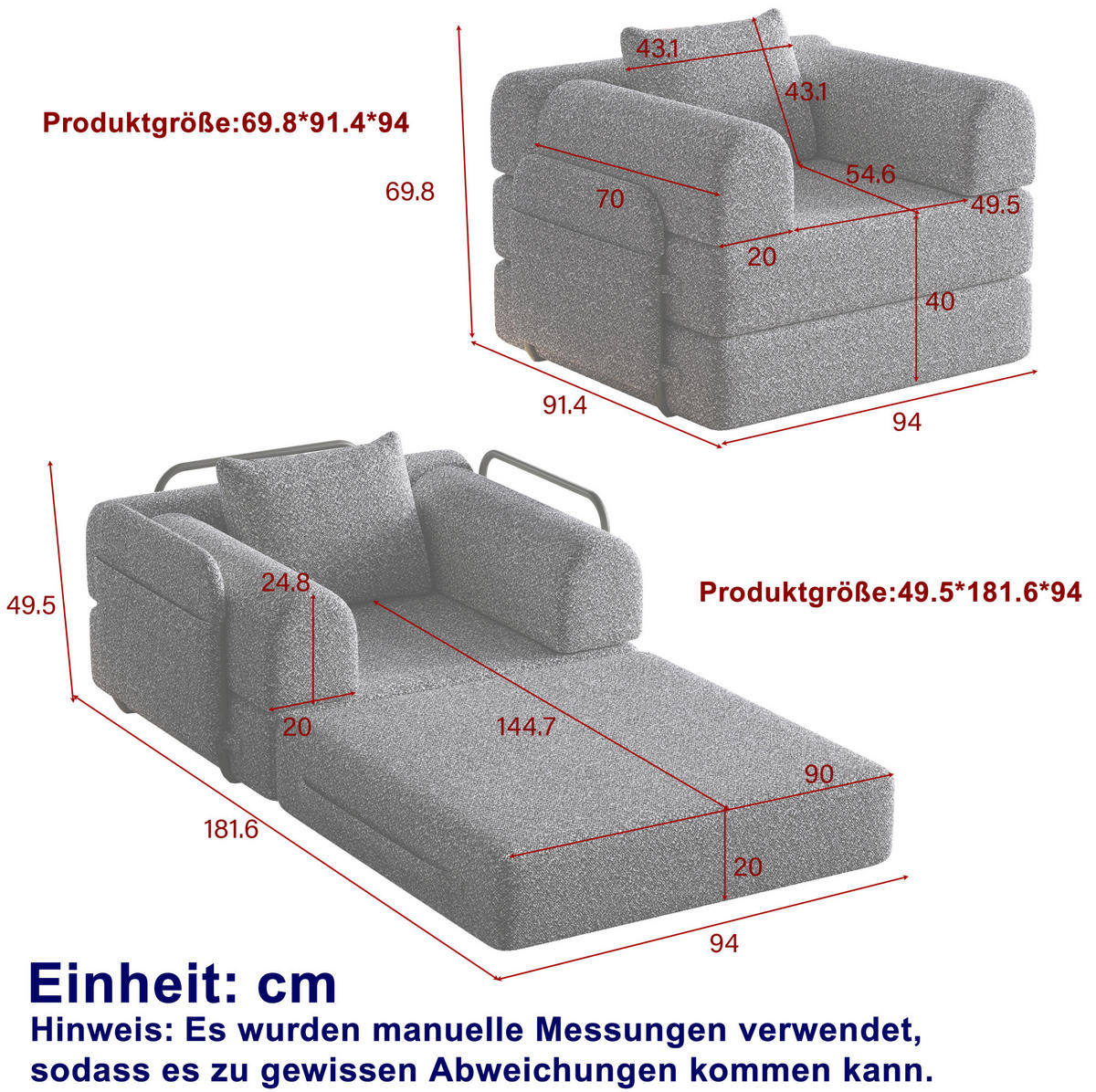 SCHLAFSOFA 2-in-1 mit Armlehnen-Ablagefach und Stahlrahmen grau Chenille 200/90/85 cm - Grau, Textil (94/49.5/94cm) - OKWISH