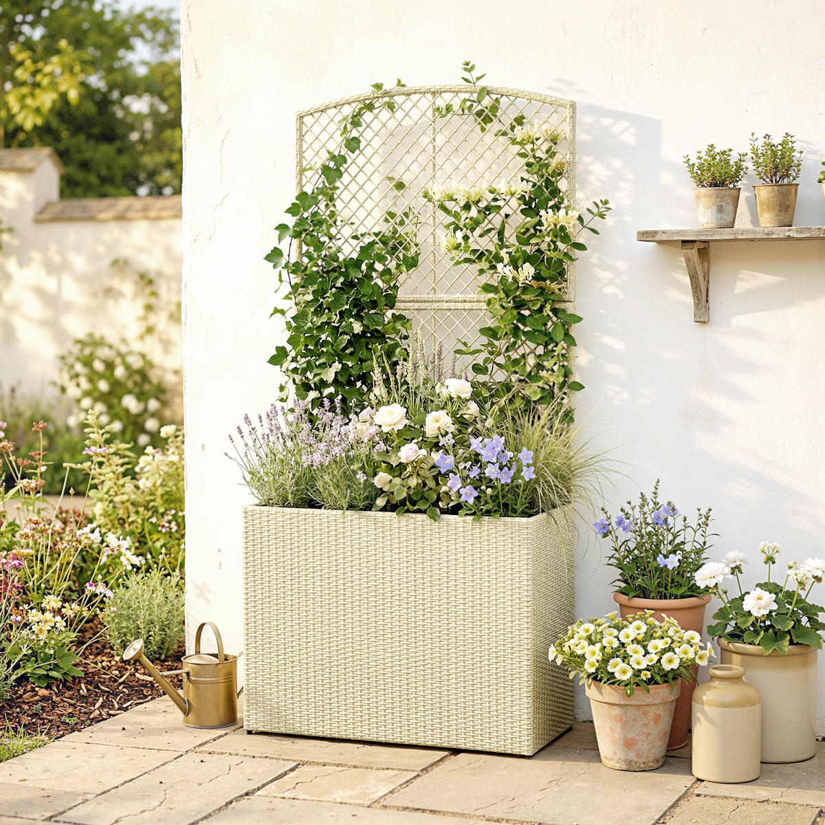 RATTAN-BLUMENKASTEN PE-Rattan Stahl Beige - Beige, Kunststoff (30/163/80cm) - Outsunny