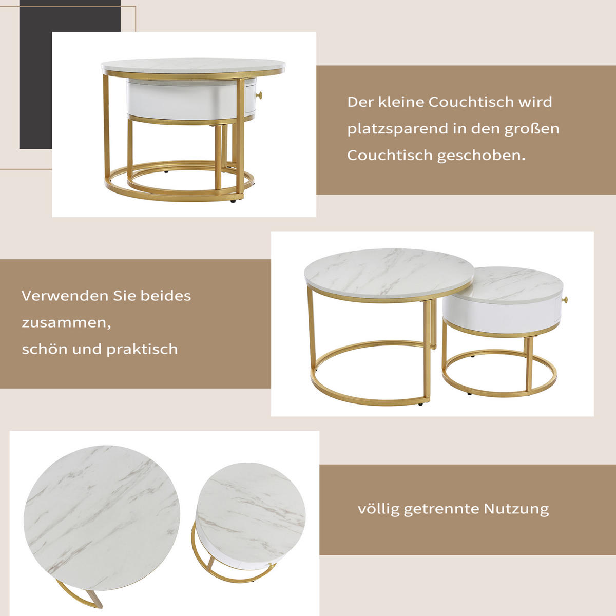 COUCHTISCH-SET aus MDF 70/70/48 und 50/50/43,5 cm, 2-teiliges Nesting-Design mit Hochglanz-Marmoreffekt, Weiß - Weiß, Holzwerkstoff (70/70/48cm) - Redom