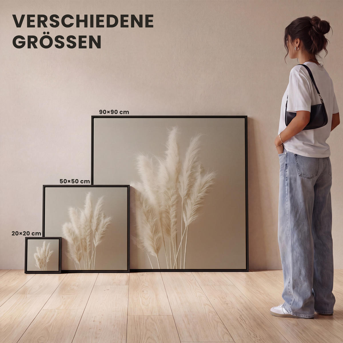 LEINWAND Bilder mit Rahmen - Pampasgras - Federn - Pastell - Weiß - 50x50 - Naturfarben, Textil (50/50cm) - MuchoWow