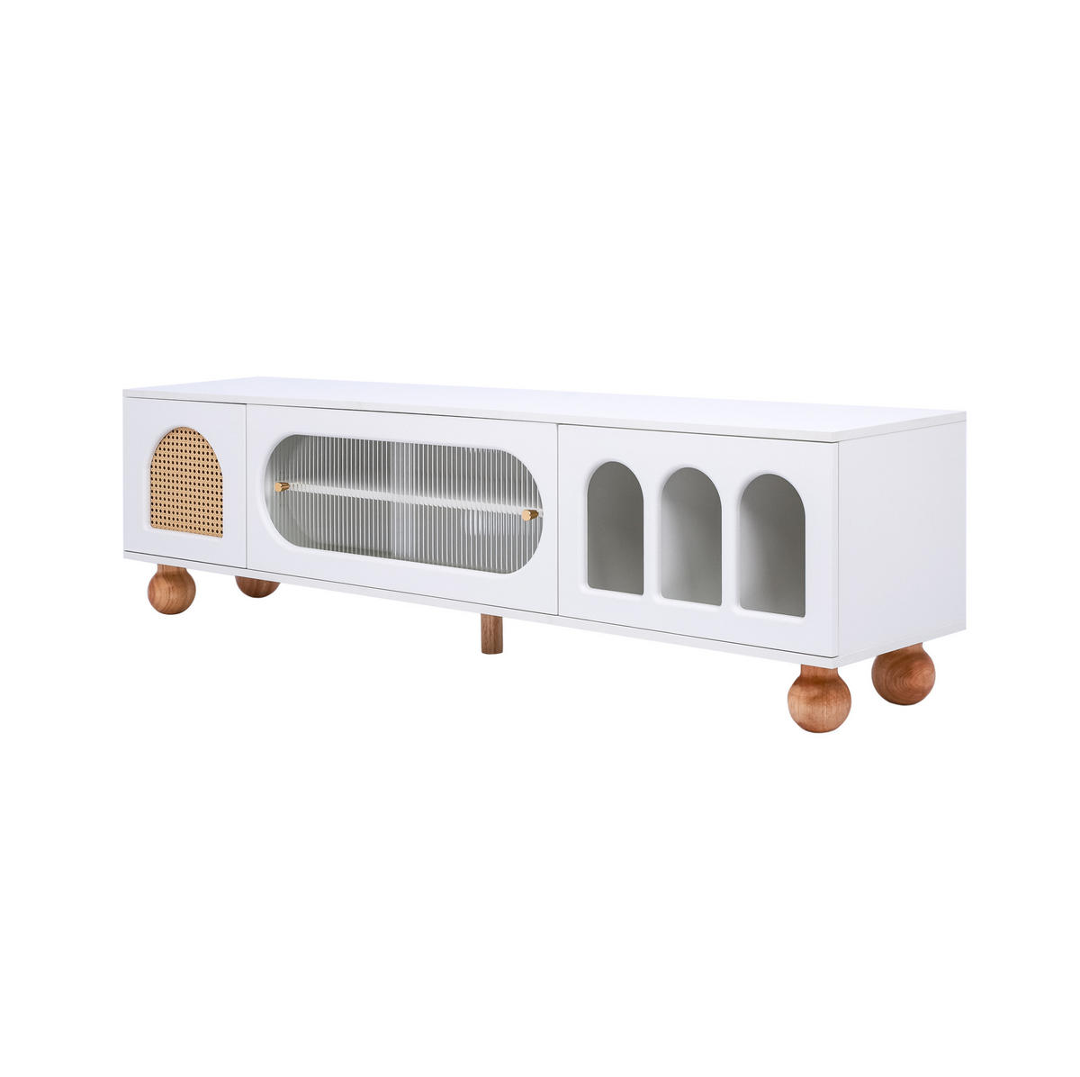 TV-SCHRANK 170/47/37 cm weiß mit Rattan-ähnlicher Tür und Glasschiebetüren - Weiß, Holzwerkstoff (170/37/47cm) - OKWISH