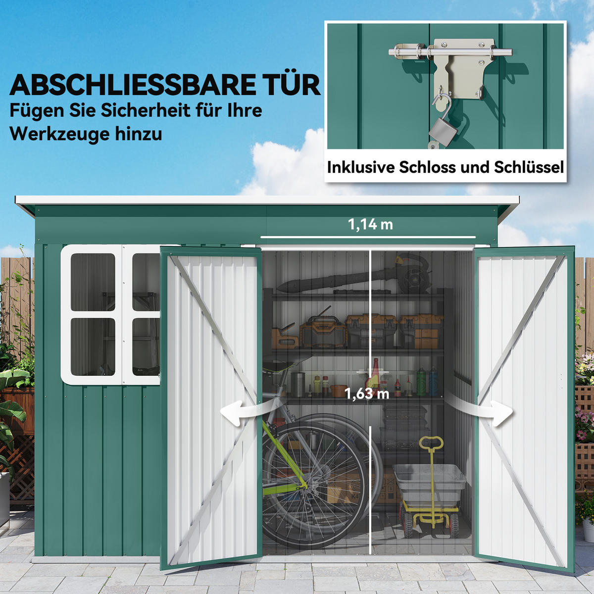 METALL Gerätehaus 4,13 m² Geräteschuppen mit Fenster Pultdach Abschließbar - Grün, Metall (177/190/260cm) - Outsunny