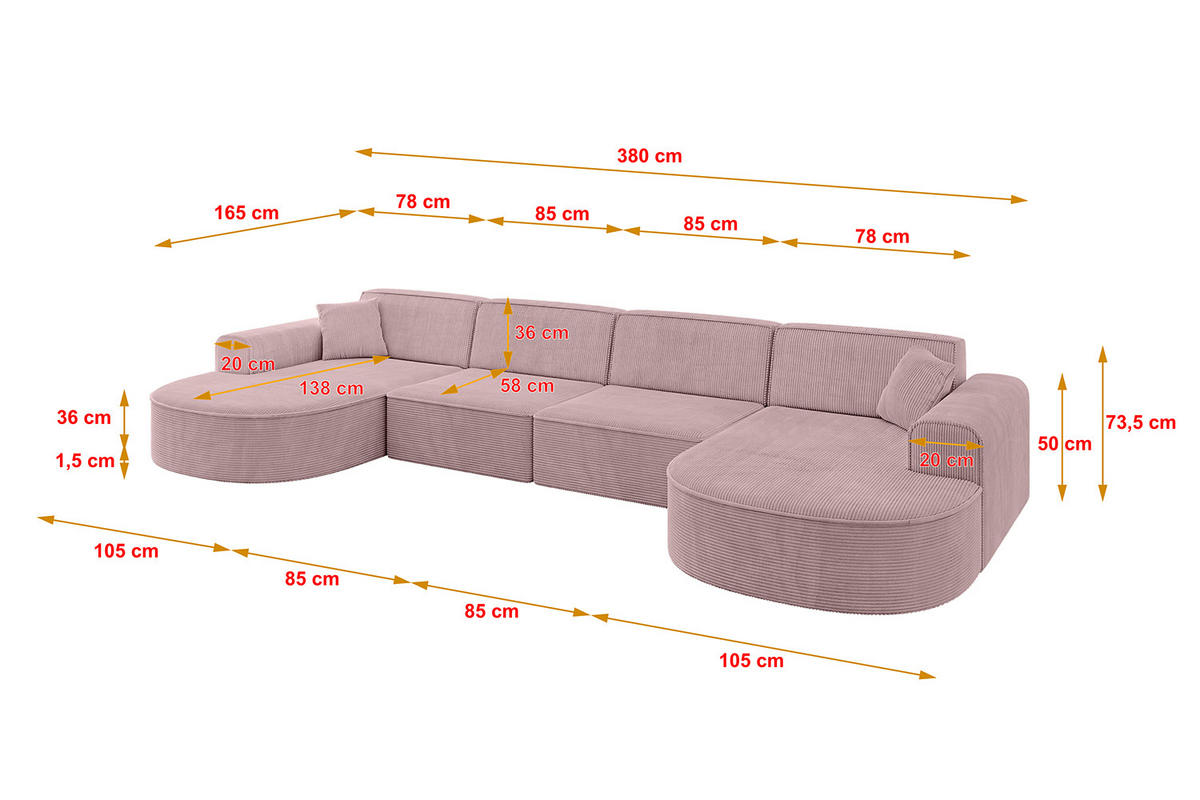WOHNLANDSCHAFT MARI-U2 - 380x163x73,5 cm Rosa Cord - Schwarz/Rosa, Holzwerkstoff/Kunststoff (380/73.5/163cm) - ALTDECOR