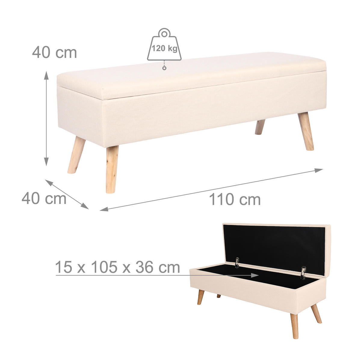 SITZBANK - Beige/Naturfarben, Holz/Holzwerkstoff (110/40/40cm) - Relaxdays