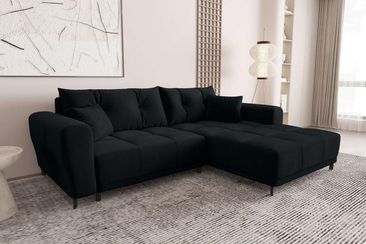 ECKSOFA Massimo Cordstoff Schwarz inkl. Schlaffunktion Rechts - Schwarz, Textil/Metall (246/177cm) - 99rooms