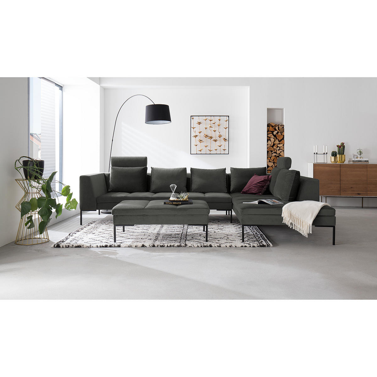 ECKSOFA mit Ottomane - Schwarz/Grün, Textil/Metall (319/230cm) - home24