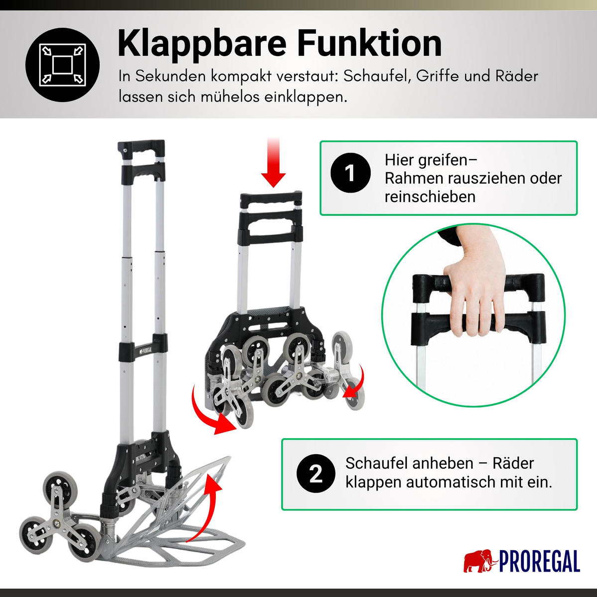 TREPPENSTEIGER Sackkarre Elephant klappbar 100x39x47cm Traglast 70kg AluminiumrahmenTRR Fachgummiräder Silber - Silberfarben, Metall (47/39/100cm) - PROREGAL