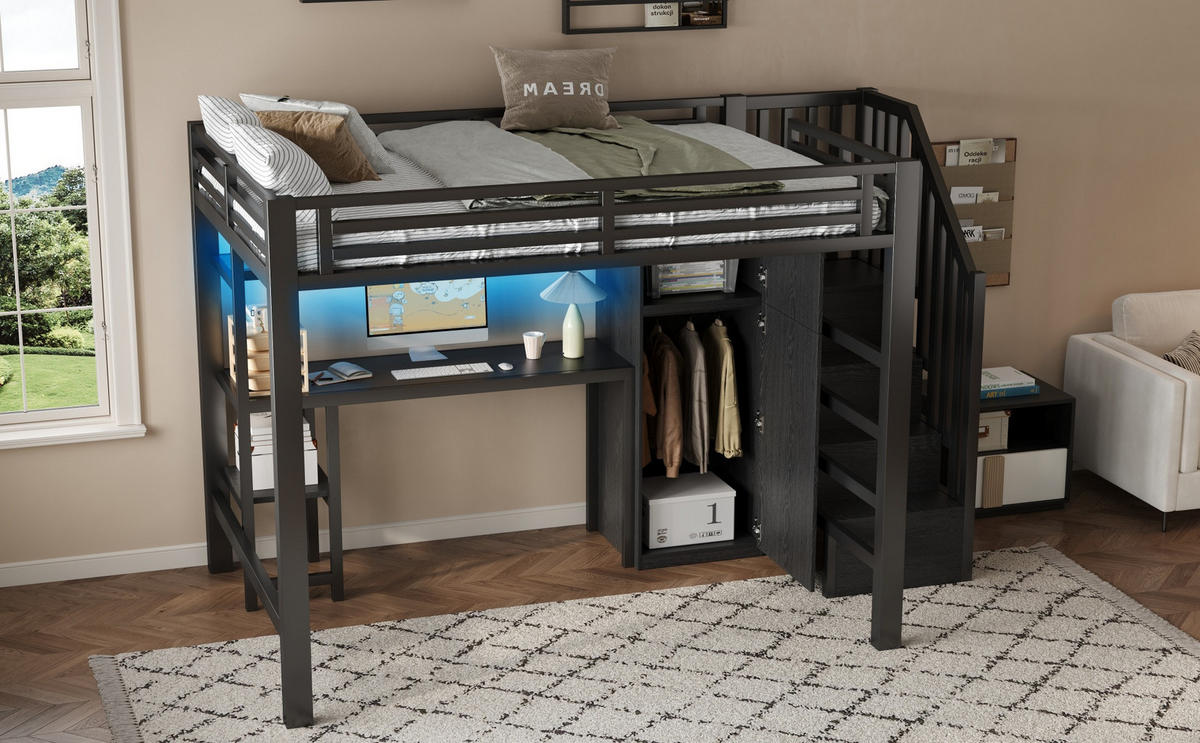 HOCHBETT 140x200 cm aus Metall & MDF mit Schreibtisch, Kleiderschrank und LED, schwarz - Schwarz, Holzwerkstoff (140/200cm)
