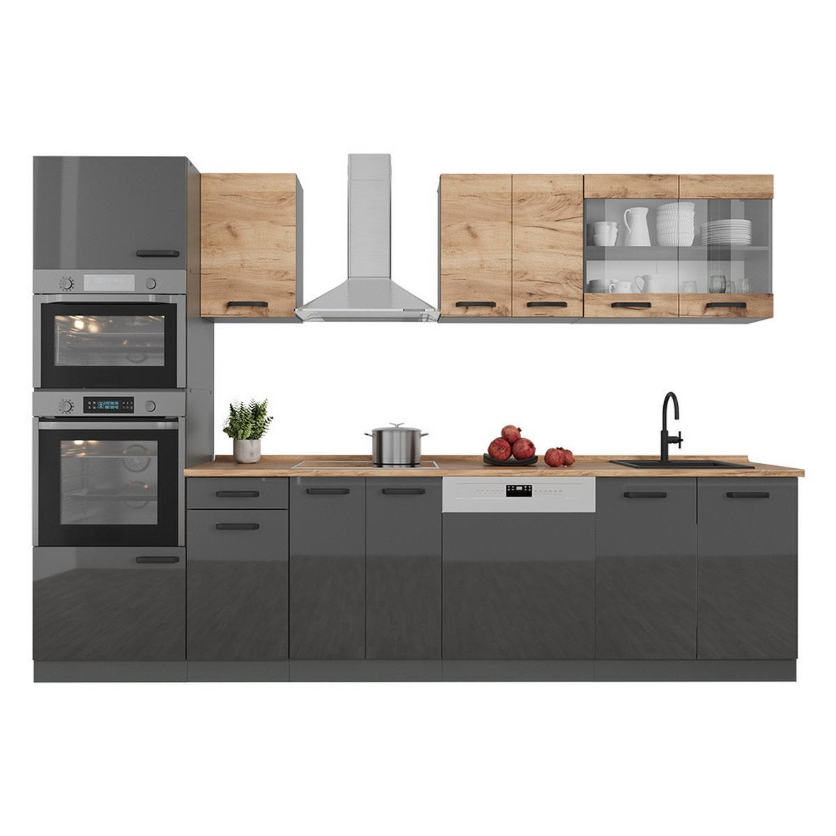 KUHINJSKI BLOK R-Line Zlata moč hrast/antracit 300 cm dvobarvne omarice, PL Hrast - antracit, leseni material (300/81.6/60cm) - Vicco