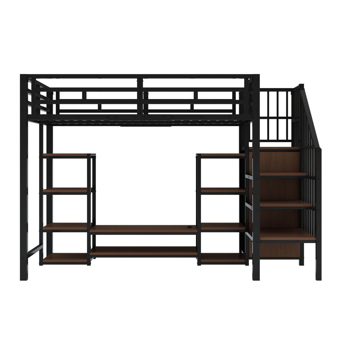 HOCHBETT 90/200 cm in Schwarz – mit TV-Regal, Steckdose und Leiter - Schwarz, Metall (90/200cm) - BEAOK