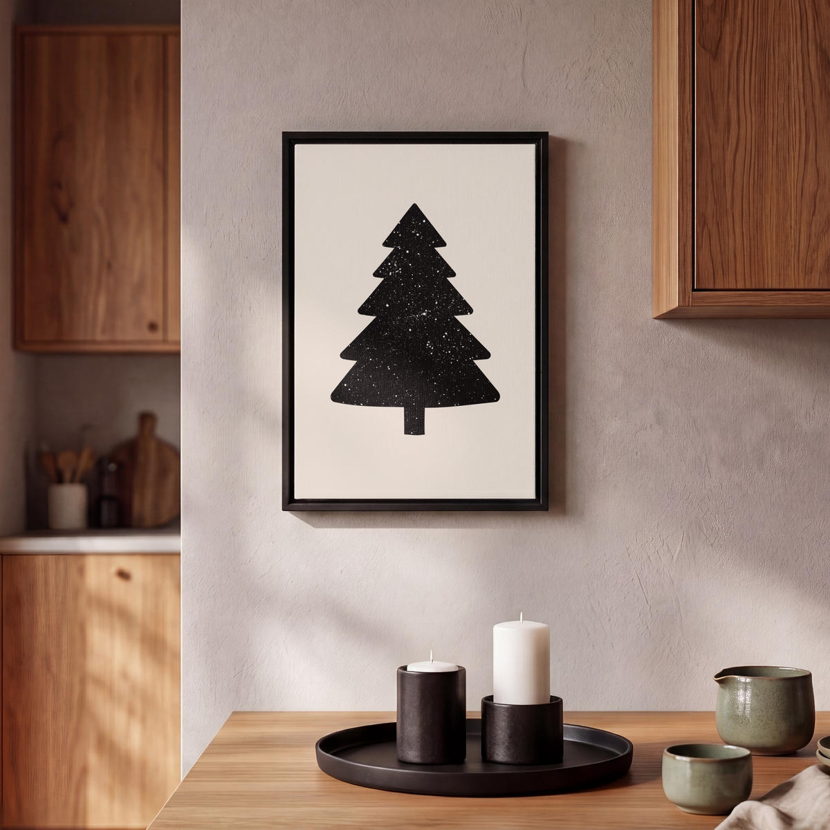 LEINWAND Bilder mit Rahmen - Weihnachtsbaum - Schwarz - Urlaub - Beige - 20x30 - Schwarz, Textil (20/30cm) - MuchoWow