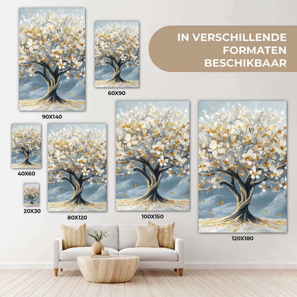 LEINWANDBILD Baum - Winter - Baum des Lebens - Modern - Gold Deko XXL 80x120 cm - Goldfarben, Textil (80/120cm) - MuchoWow