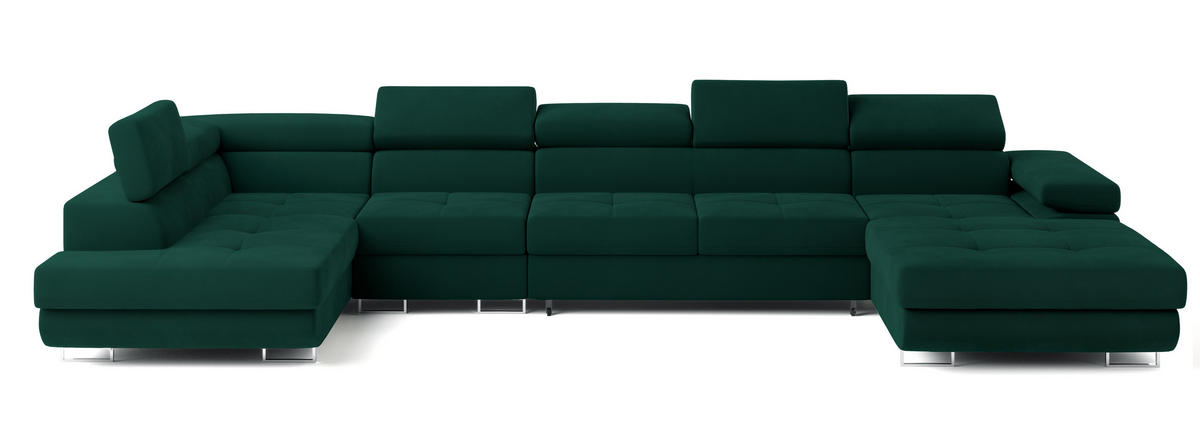 WOHNLANDSCHAFT VELORA L-S Grün Velours-Stoff mit Schlaffunktion - Grün, Holz (419/90/202cm) - MASSENO