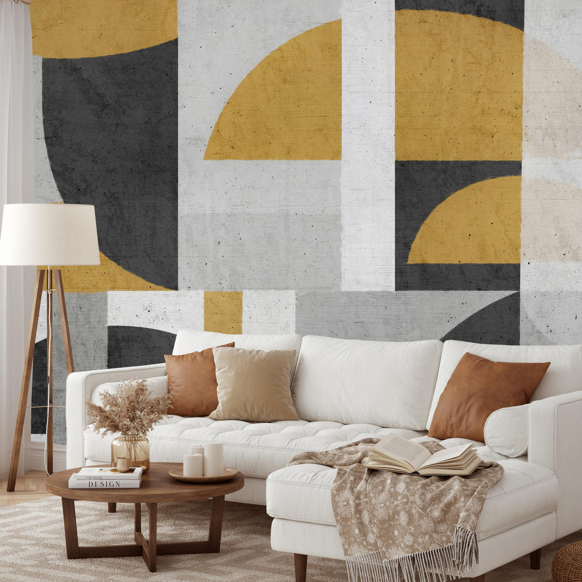 FOTOTAPETE für Wohnzimmer Abstrakte Geometrische Muster Formen 300x210 - Gelb/Schwarz, Papier (300/210cm) - Muralo