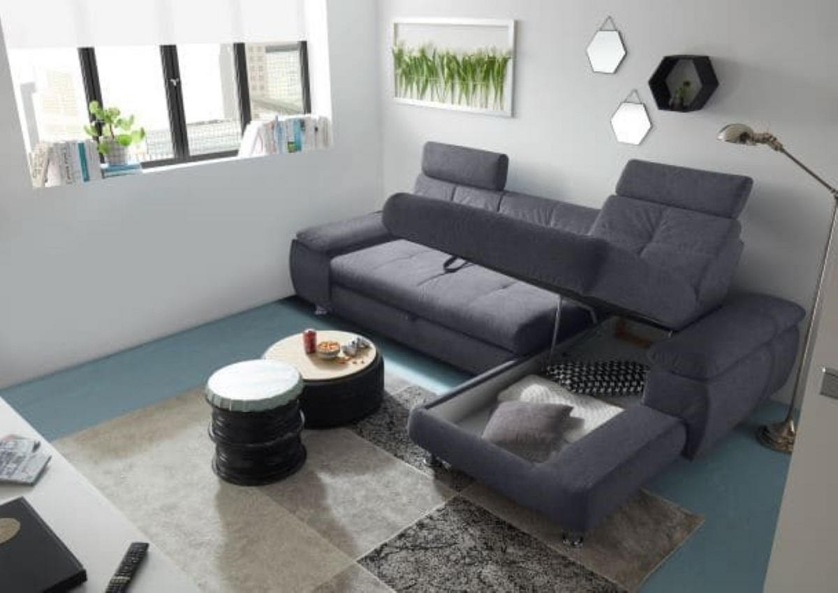 ECKSOFA mit Schlaffunktion und Bettkasten, Brego-Stoff - Chromfarben/Anthrazit, Textil/Metall (177/274cm) - ed exciting design