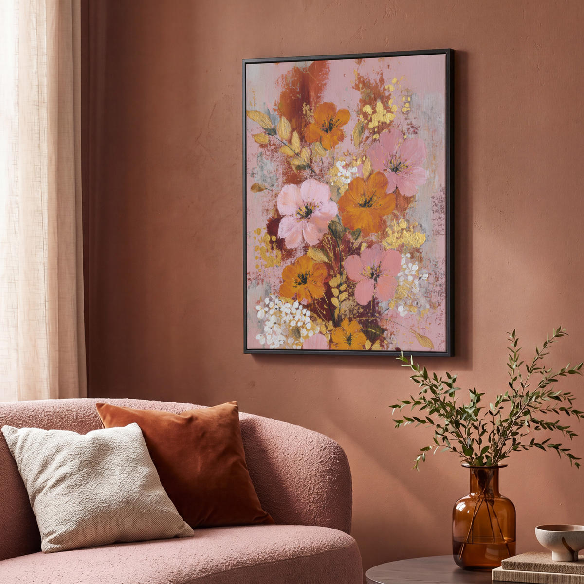 LEINWAND Bilder mit Rahmen - Malerei - Blumen - Rustikal - Rosa - 70x100 - Altrosa, Textil (70/100cm) - MuchoWow