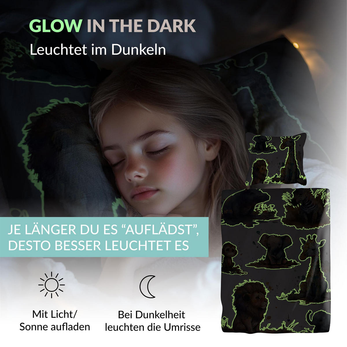 KINDERBETTWÄSCHE 135x200 cm Tiere Tiermotiv aus 100% Baumwolle - Leuchtet um Dunkeln - Multicolor, Textil (135/200cm) - Carpe Sonno