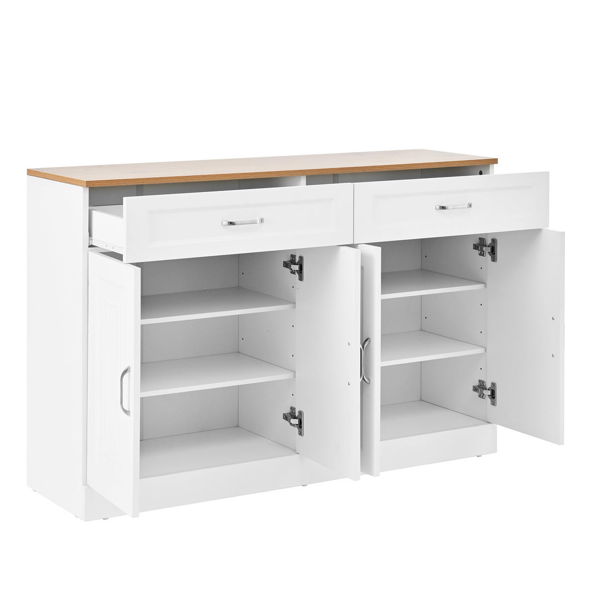 SIDEBOARD mit Regalen und Rebounder 4 Türen, 2 Schubladen, verstellbare Einlegeböden Natürliche Holzmaserung und Weiß - Weiß, Holzwerkstoff (120/80.5/35cm) - Urban Meuble