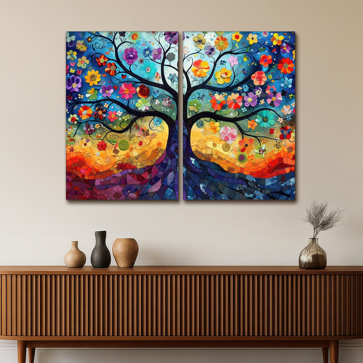 LEINWANDBILD 2er Set Bunt - Baum des Lebens - Blumen - Abstrakt 120x90 cm - Blau, Textil (120/90cm) - MuchoWow