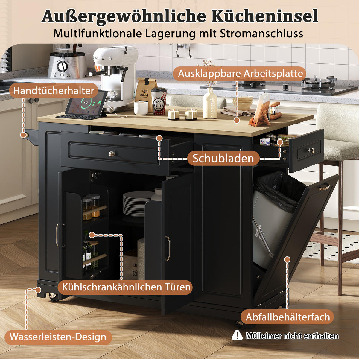 KÜCHENINSEL 131,8/40-70/93,3 cm Schwarz mit ausziehbarer Arbeitsplatte, Steckdose und Mülleimerfach - Schwarz, Holz/Holzwerkstoff (131.8/93.3/40cm) - Oxeza