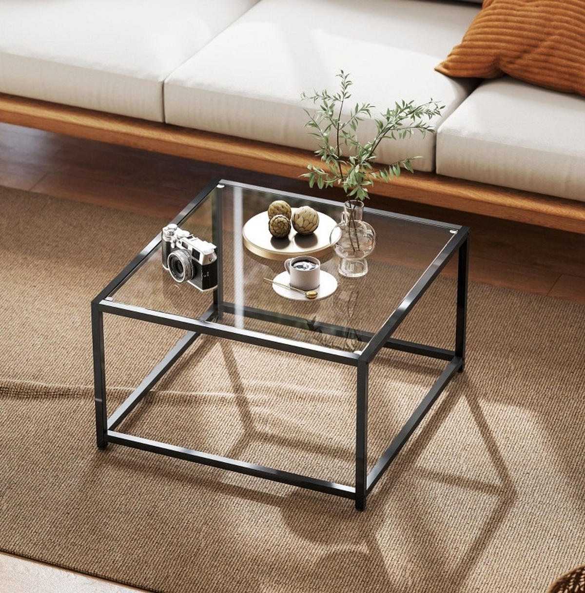 COUCHTISCH 68/68/39 cm schwarz aus gehärtetem Glas und Stahl mit industriellem Design - Schwarz, Glas (68/68/39cm) - OKMYHOME