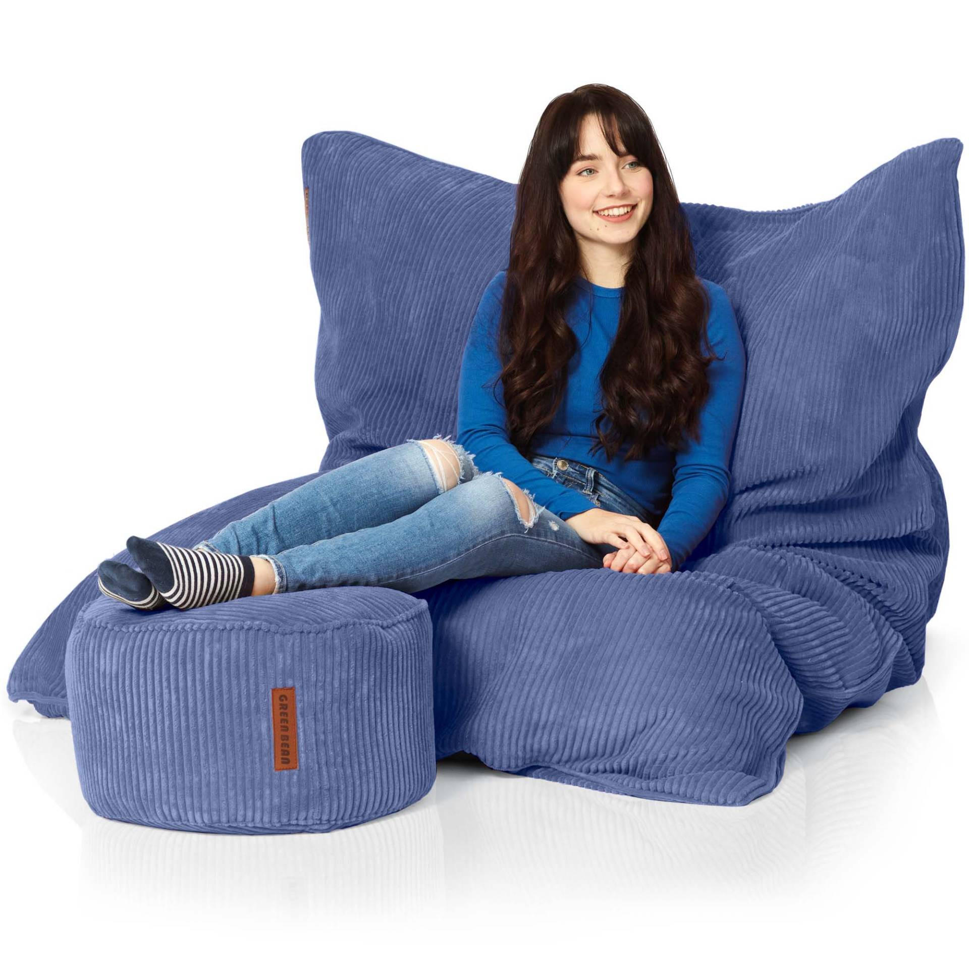 SITZSACK XXL "Square" + Pouf aus Cord - Dunkelblau, Textil (140/25/180cm) - Green Bean