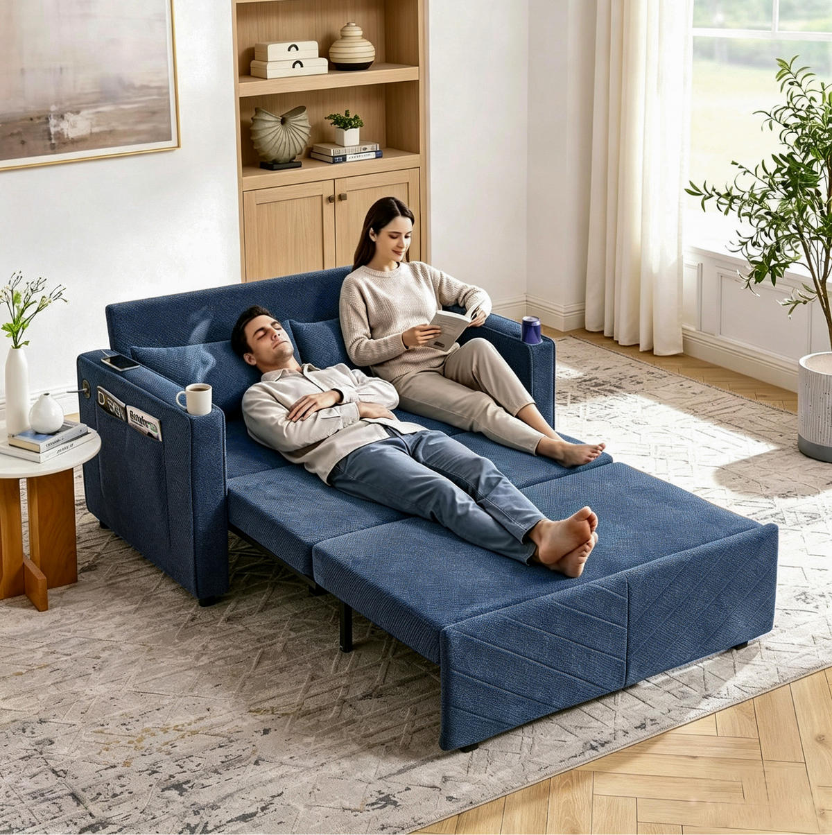 SCHLAFSOFA 3-in-1 aus Holz und Stoff mit USB-Ladefunktion Blau - Dunkelblau, Holz (134/73/195cm) - Modenvie