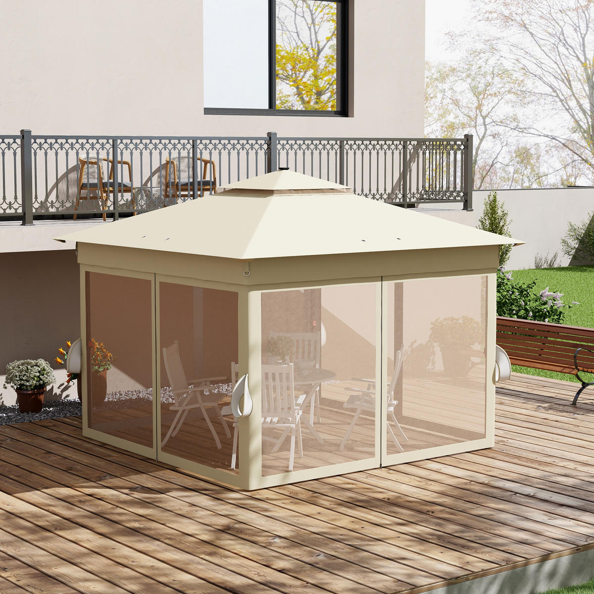 PAVILLON 3,3x3,3m Wasserabweisend Pop-up Faltpavillon mit LED, Doppeldach - Braun, Textil/Metall (336/270/336cm) - Outsunny
