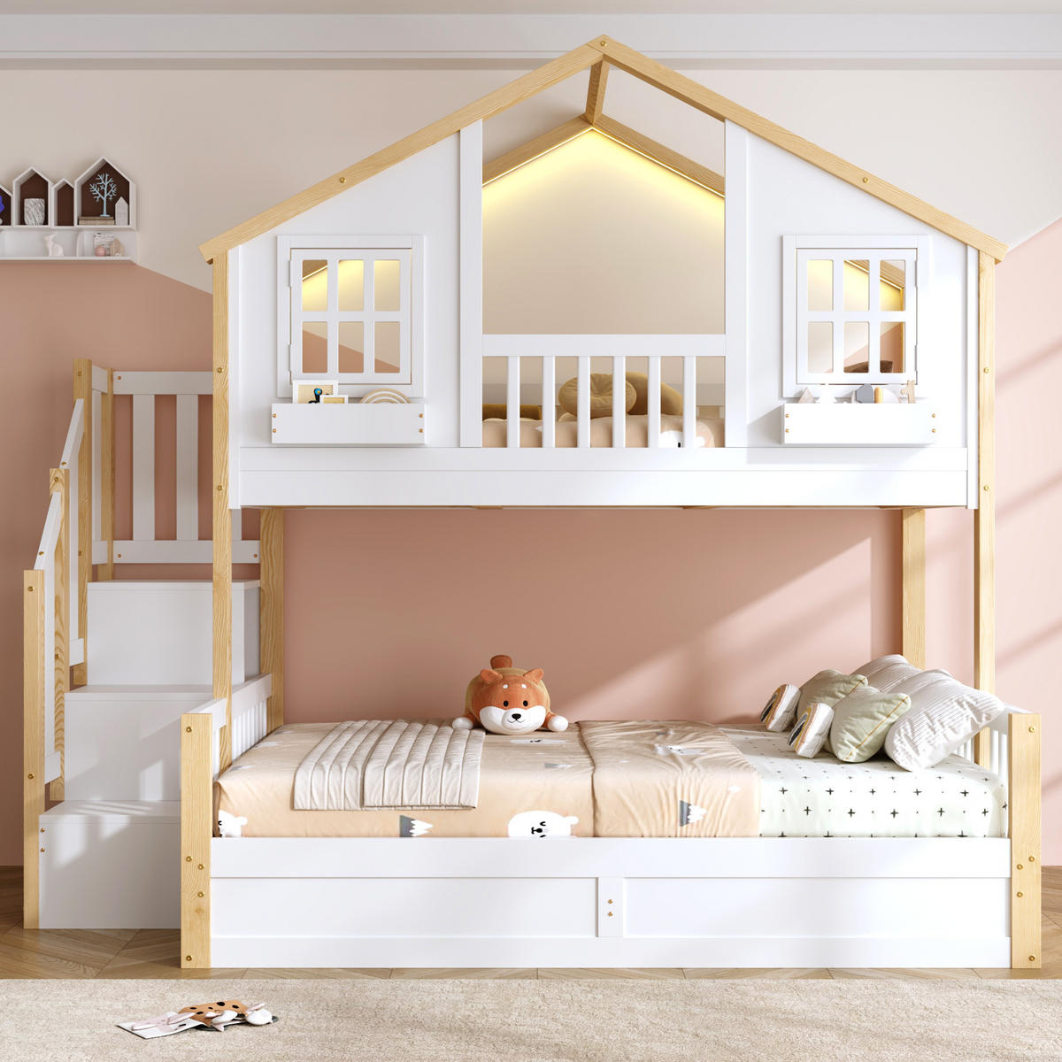 ETAGENBETT 90/200 cm und 140/200 cm Weiß + Naturholz mit LED-Beleuchtung, Treppe mit Stauraum und hydraulischen Staufächern - Weiß, Holz (90/200cm) - Oxeza
