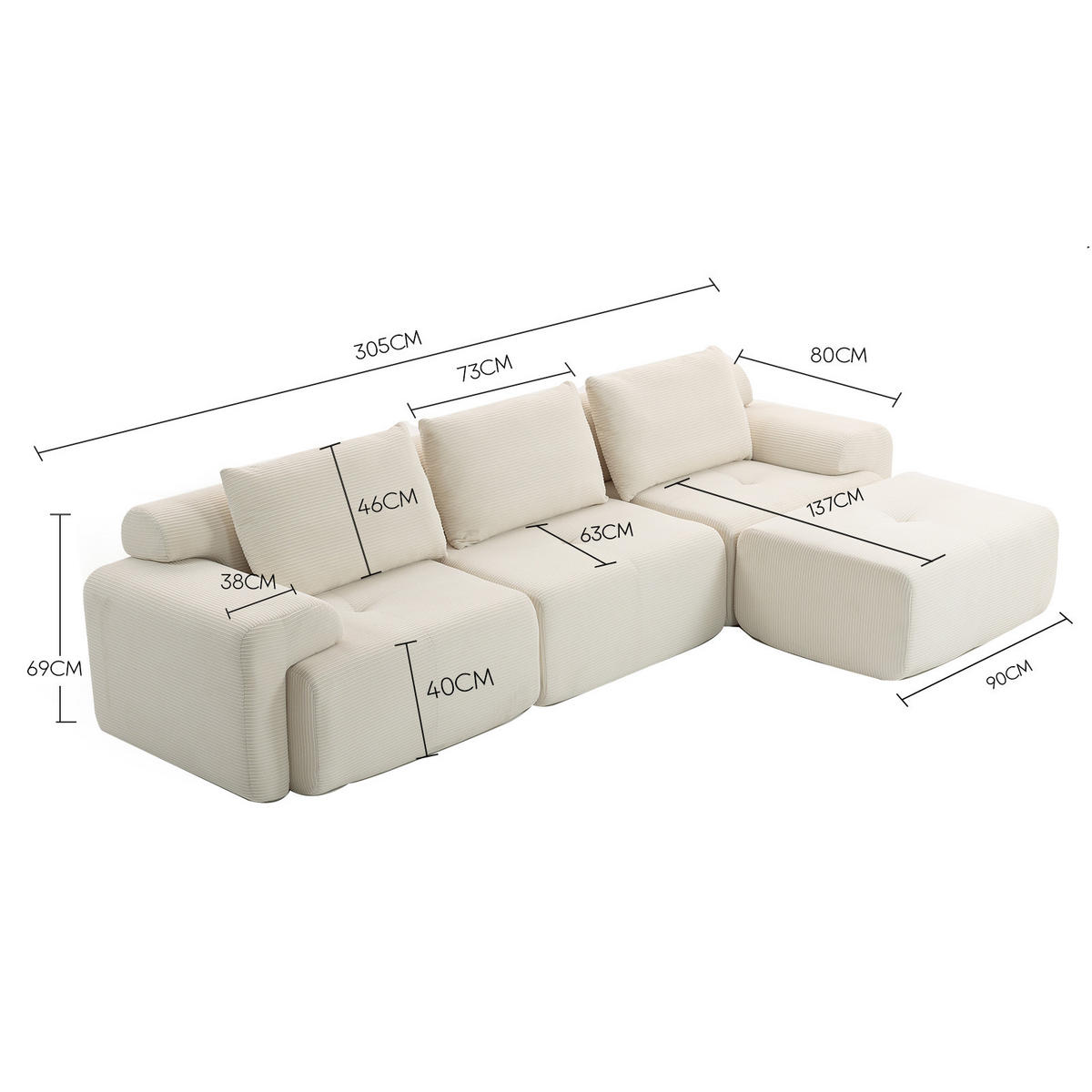 ECKSOFA 305/154/69 cm Weiß Cord mit 1 Fußhocker - Weiß, Textil (305/154cm) - Oxeza