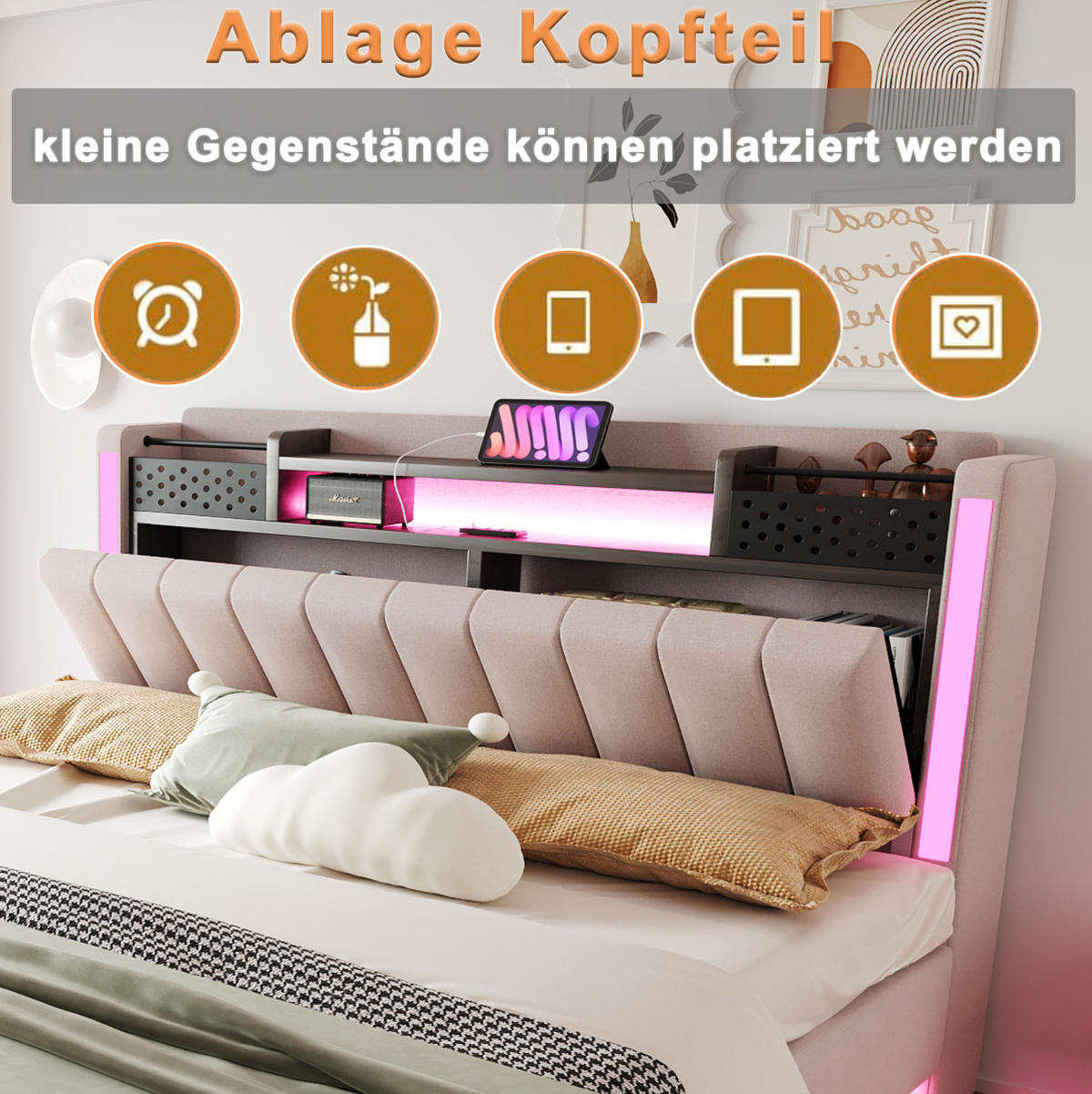 POLSTERBETT 160/200 cm Beige aus Leinenstoff mit LED und USB - Beige, Textil (160/200cm) - OKMYHOME