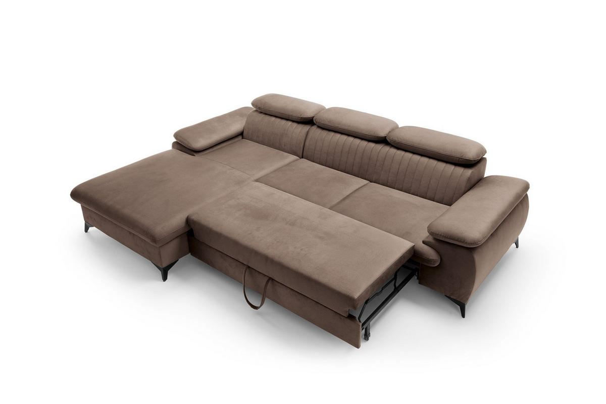 ECKSOFA FIORE Braun Velours-Stoff mit Schlaffunktion - Braun, Holz (280/193cm) - MASSENO