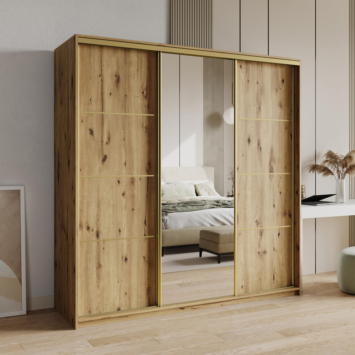 SCHWEBETÜRENSCHRANK VARO 180/205/60 cm 3-türig mit Spiegel und Schubladen Eiche Artisan - Goldfarben/Eiche Artisan, Holzwerkstoff (180/205/60cm) - MASSENO