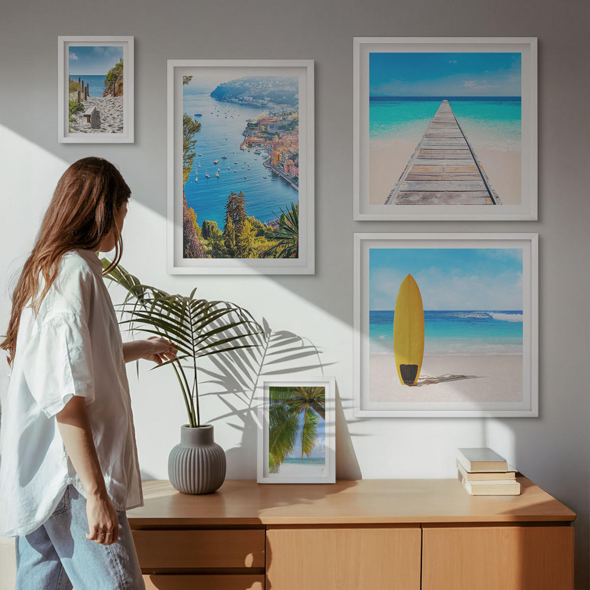 WANDBILDER 5er-Set - 50x50 cm & 20x30 cm & 40x60 cm Weißer Rahmen - Urlaubsblick Strand Palmen - Weiß, Kunststoff (40/60cm) - ArtPrintCave