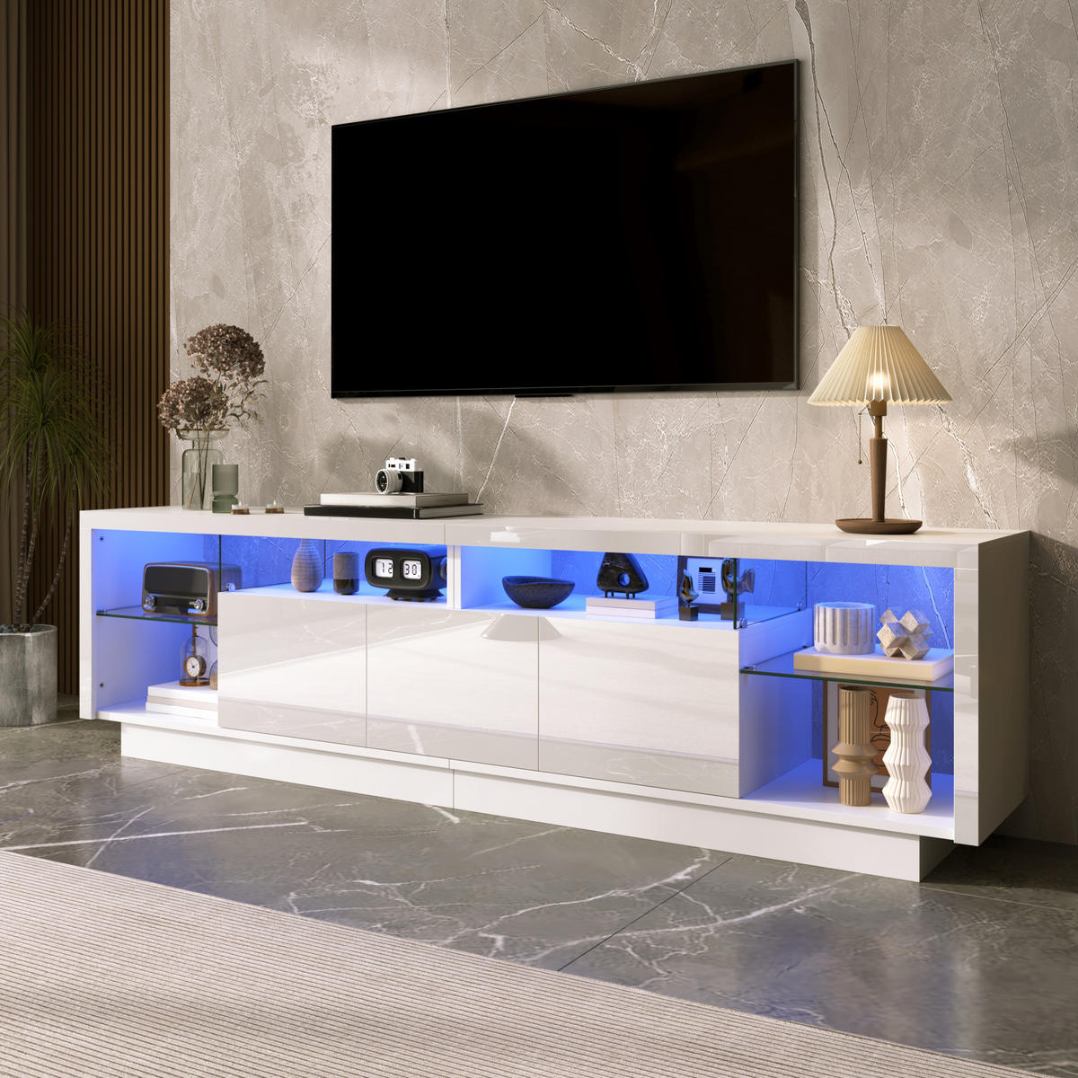 TV-SCHRANK Hochglanz 3 Türen Glasfächer LED App - Weiß, Holzwerkstoff (200/55/38cm) - FLIEKS