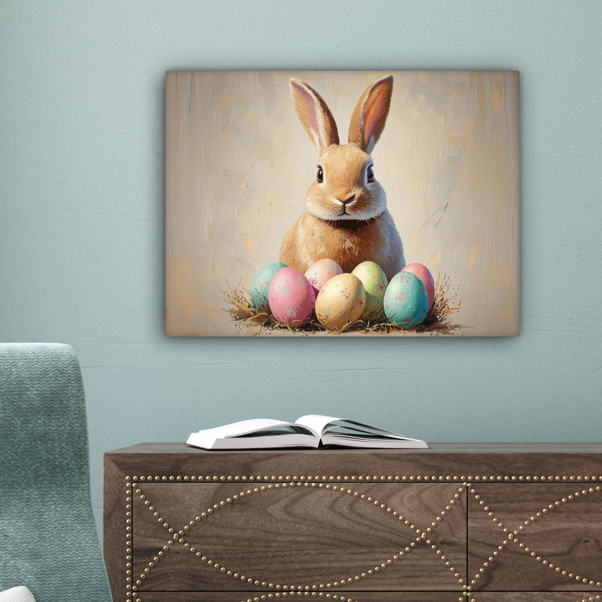 LEINWANDBILD Osterhase - Pastell - Eier Wandbild 40x30 cm - Beige, Textil (40/30cm) - MuchoWow