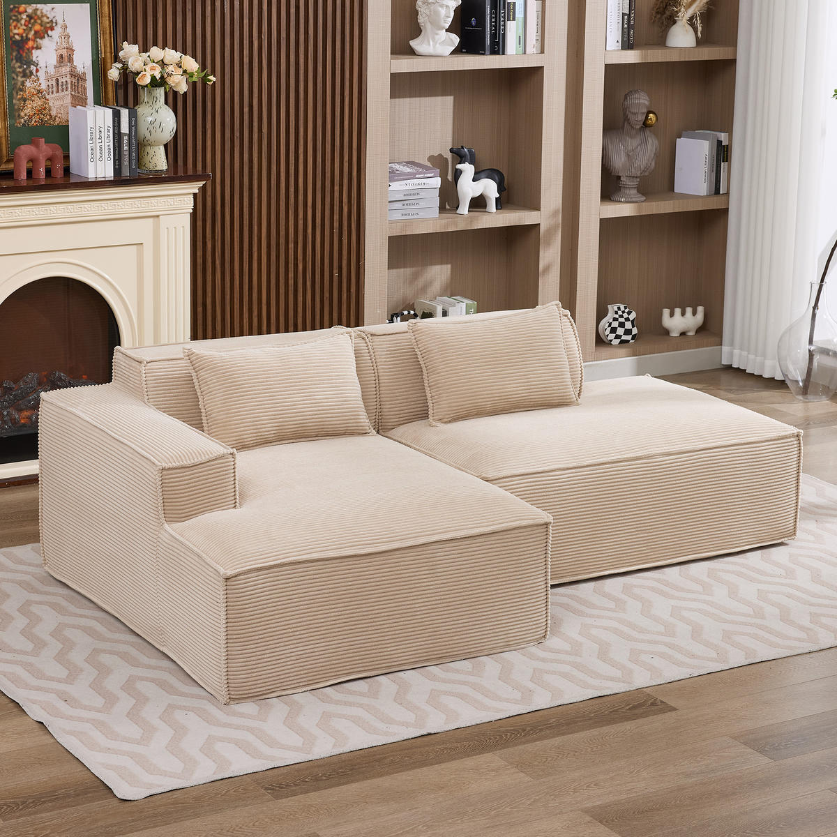 ECKSOFA 233/129/70 cm Khaki mit zwei Kissen und Federtasche - Sandfarben, Textil (235/129cm) - Oxeza
