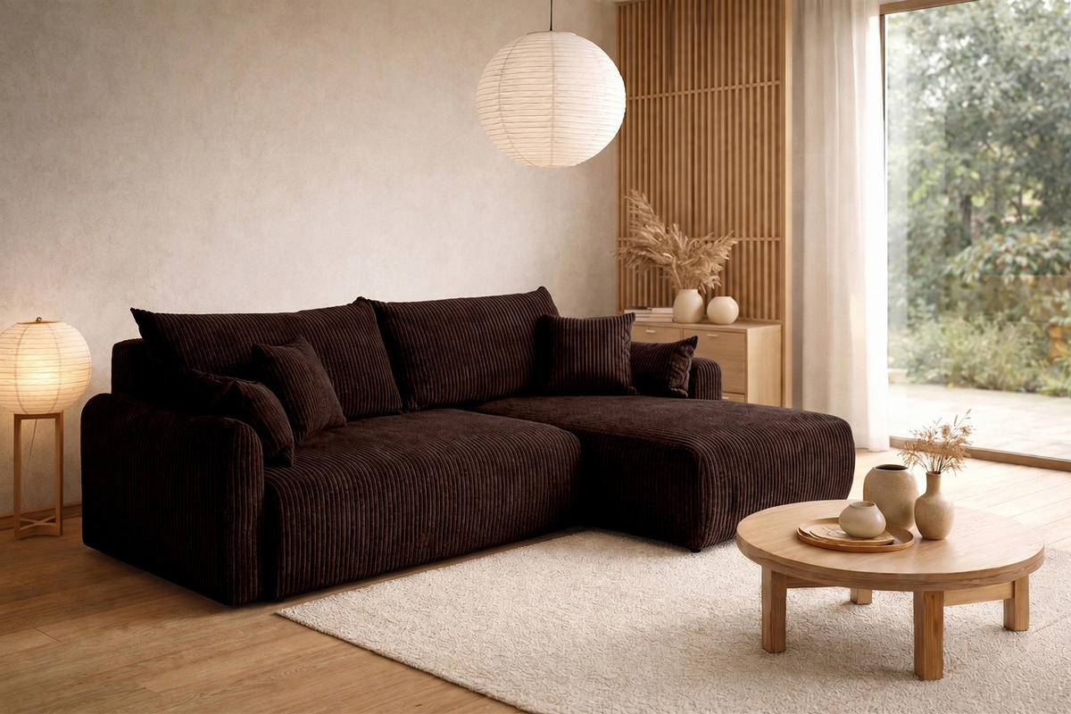 ECKSOFA Mit Schlaffunktion, Cordstoff Poso, Braun, Rechts, JAPANDI - Braun, Holz (262/145cm) - Kaiser Möbel