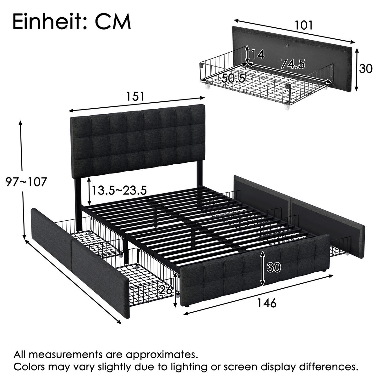POLSTERBETT aus Leinen 140x200 cm in Schwarz mit 4 Schubladen & verstellbarem Kopfteil - Schwarz, Textil (140/200cm) - Modfu
