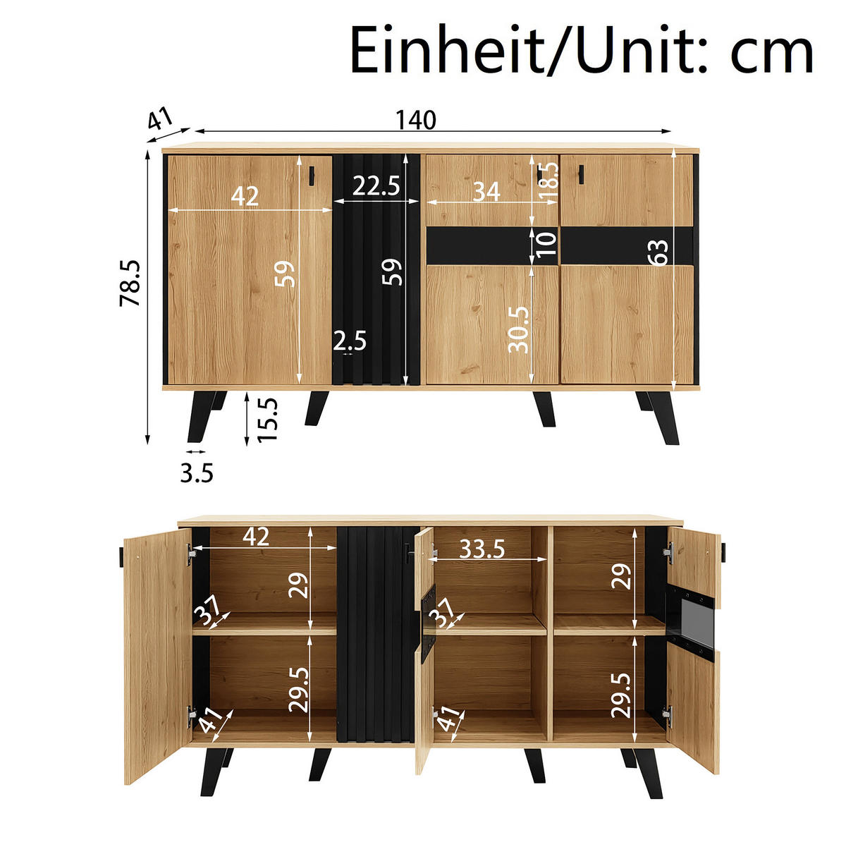 KOMODA z dřevotřísky a skla 140x78,5x41 cm přírodní a černá se 3 dvířky, policemi a LED osvětlením - přírodní, kompozitní dřevo (140/41/78.5cm) - Modfu