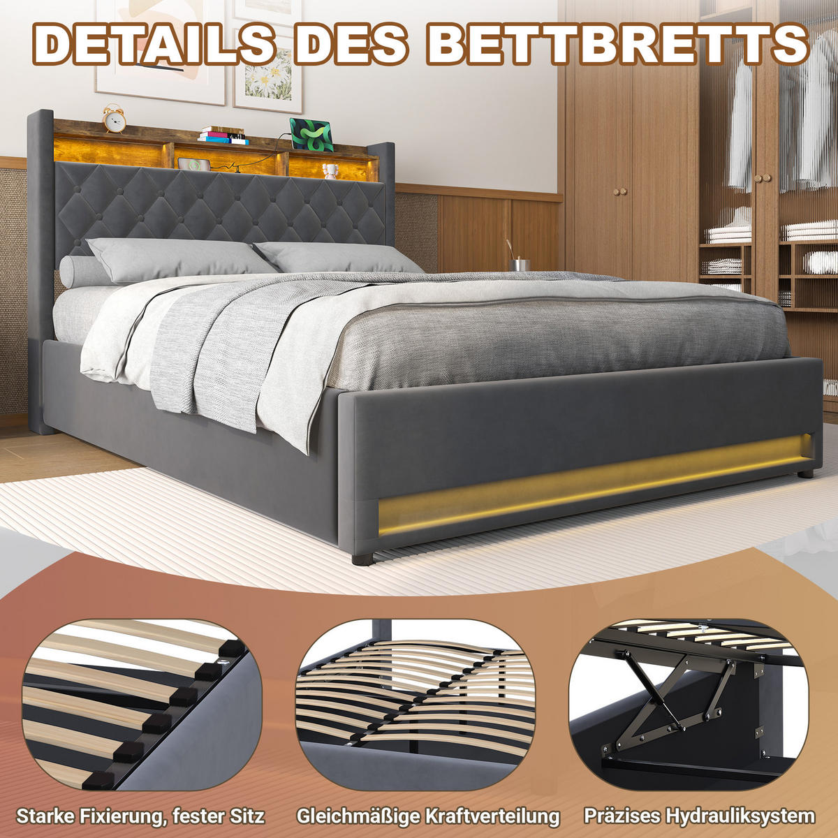 POLSTERBETT 160/200 cm in Grau, Samt, mit Bettkasten, USB, LED, ohne Matratze - Grau, Holzwerkstoff/Textil (160/200cm) - WISHDOR