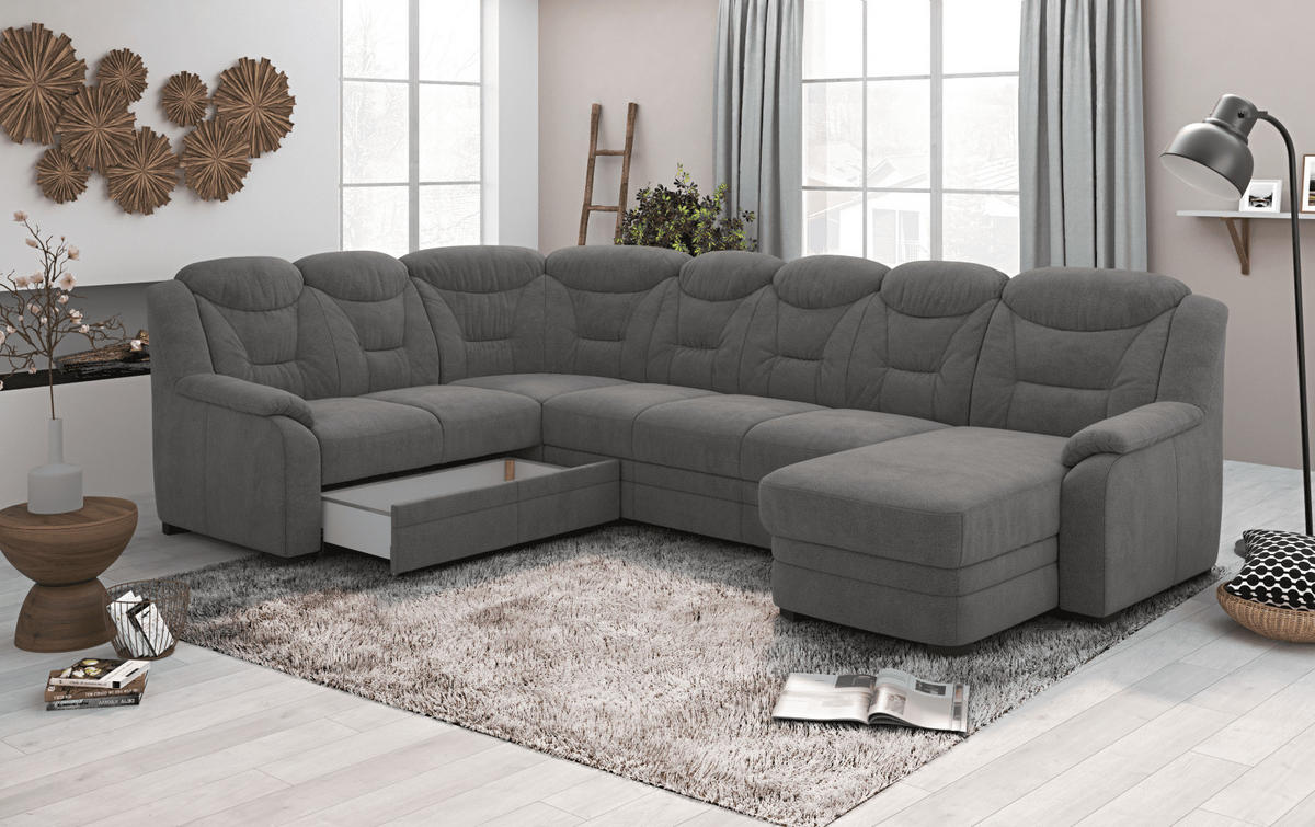 WOHNLANDSCHAFT mit Schlaffunktion und Bettkasten – weiches Chenille-Gewebe - Dunkelgrau/Anthrazit, Holz/Kunststoff (330/99/211cm) - Cotta