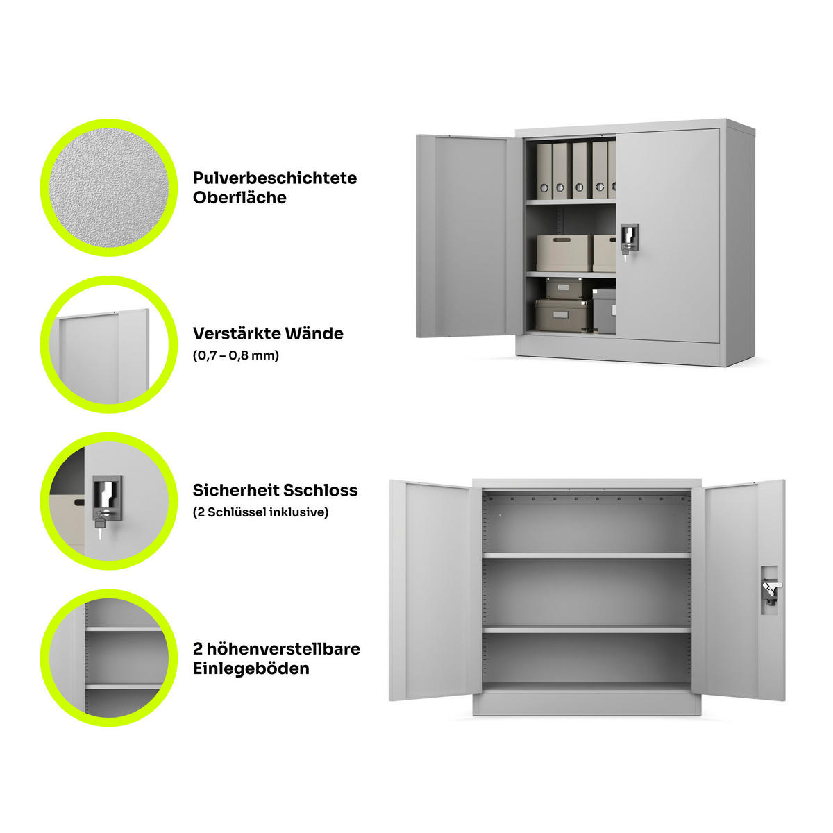 AKTENSCHRANK 2-türig mit 2 Einlegeböden Hellgrau Stahl 90x90x40cm - Hellgrau, Metall (90/90/40cm) - Muralo