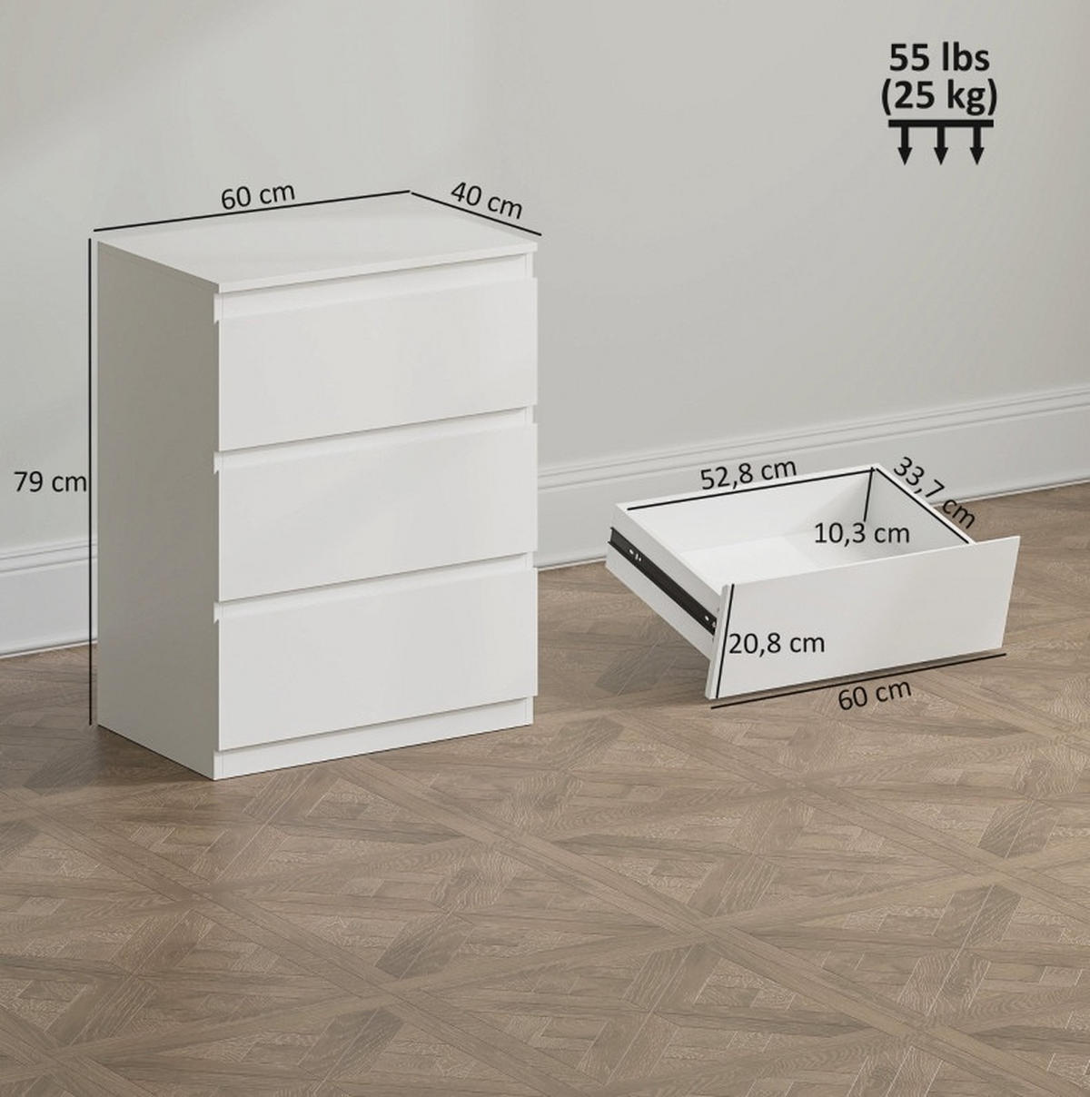 KOMMODE aus FSC-zertifizierter Spanplatte 60x40x79 cm Weiß mit 3 Schubladen, griffloser Front und Anti-Kipp-Schutz - Weiß, Holzwerkstoff (60/79/40cm) - Modfu