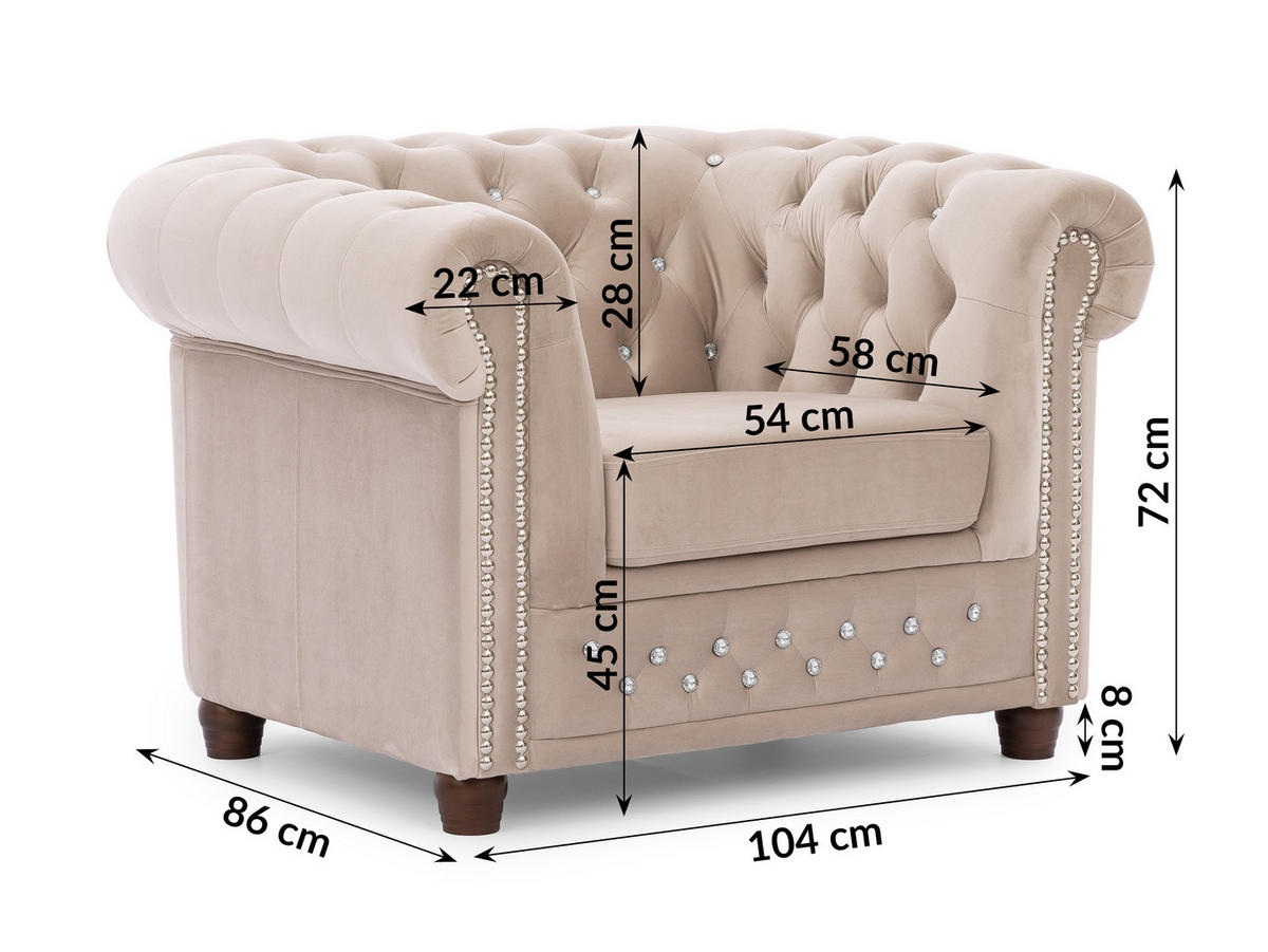 CHESTERFIELD-SESSEL Cleo Blink Beige Samt mit Kristallsteppung und braunen Massivholzfüßen - Beige/Braun, Holz/Textil (104/72/86cm) - S-Style Möbel