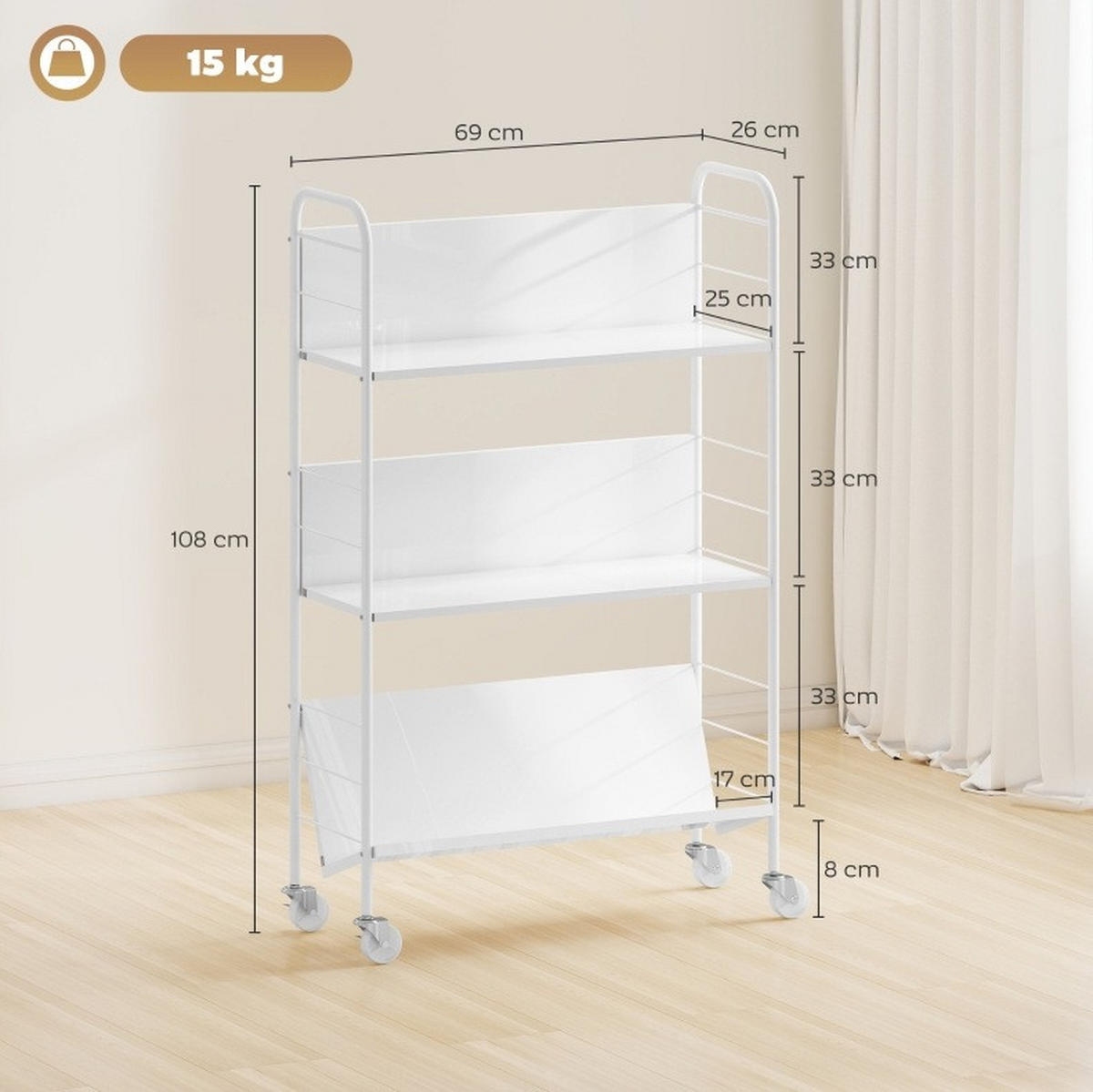 BÜCHERREGAL 69/26/108 cm mit 3 Ebenen, Rollen und Metallgestell, platzsparend, Weiß - Weiß, Metall (69/108/26cm) - Redom