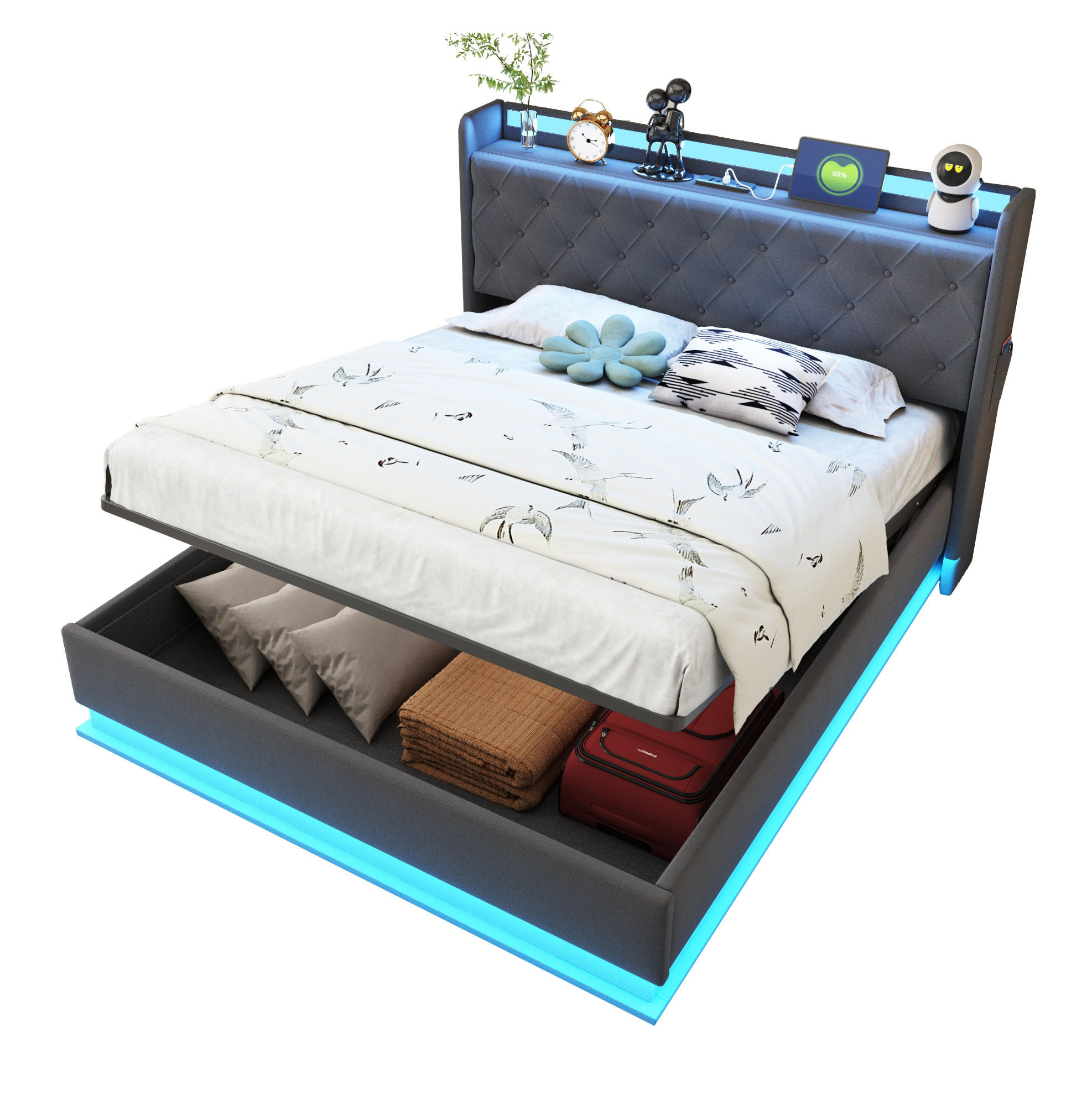 Modfu ČALOUNĚNÁ postel ze lněné tkaniny 140x200 cm šedá s LED osvětlením, USB portem a hydraulickým úložným prostorem