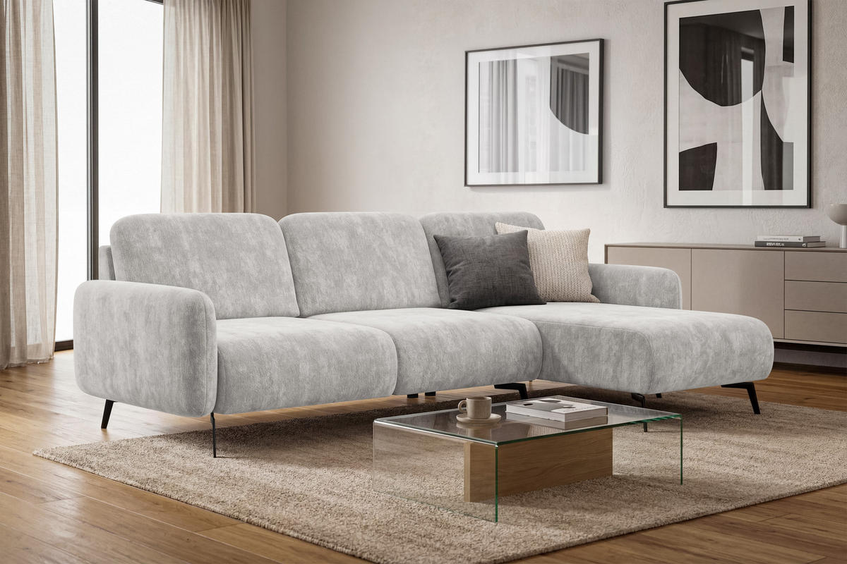 ECKSOFA FEBE 4-Sitzer RECHTS, hellgrauer Chenille-Stoff - Hellgrau/Schwarz, Holz/Textil (264/157cm) - Wozimo